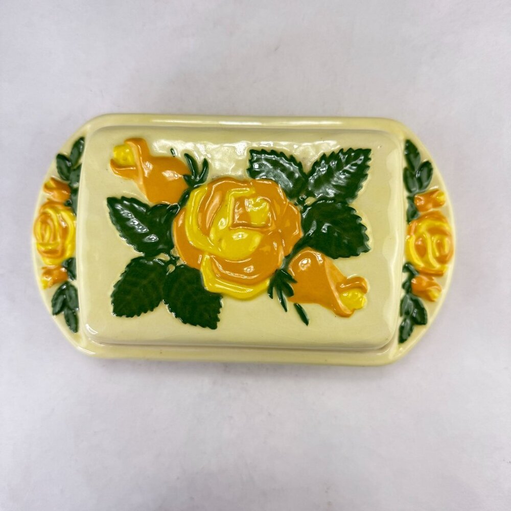 Vintage Hand Painted 3 Piece Soap Dish Yellow Roses